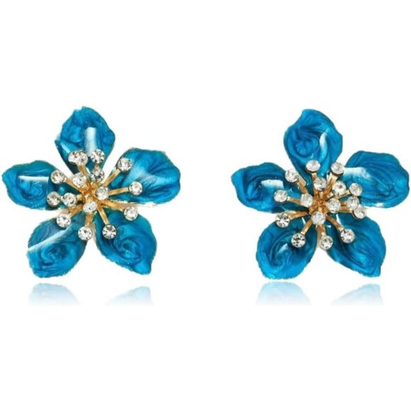 Women's Blue Rhinestone Beauty Cute Flower Statement Dainty Stud Earrings - Picture 1 of 4